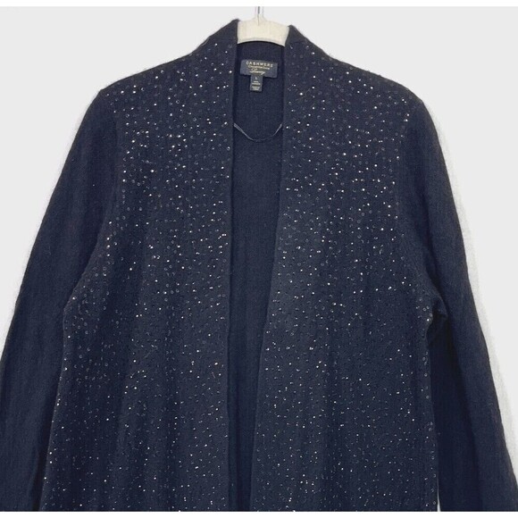 Charter Club Luxury Cardigan Women L Black 100% Cashmere Sequins Long Open Soft - Picture 4 of 11